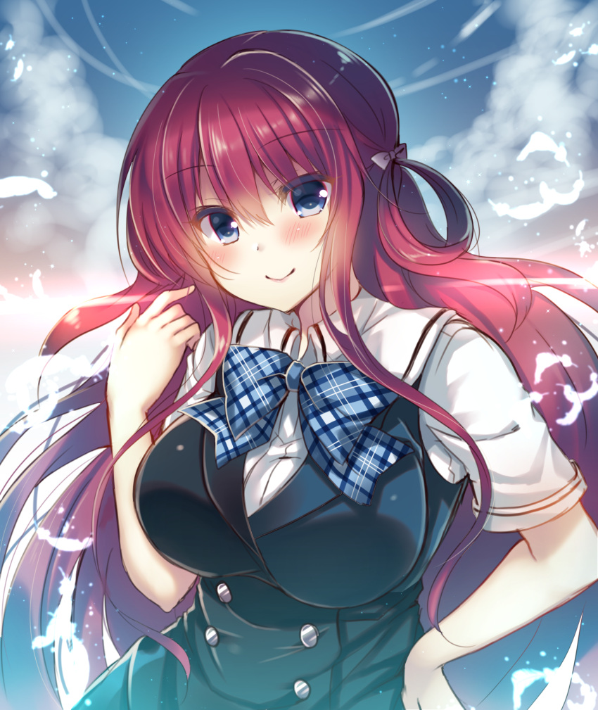1girl bangs black_vest blue_bow blue_eyes blue_neckwear blue_sky blush bow bowtie breasts closed_mouth clouds collared_shirt commentary_request double-breasted eyebrows_visible_through_hair falling_feathers floating_hair grisaia_(series) grisaia_no_kajitsu hair_between_eyes hair_bow hair_rings hand_on_hip hand_up highres large_breasts long_hair looking_at_viewer plaid_neckwear redhead school_uniform shiny shiny_hair shirt short_sleeves sidelocks sky smile solo suou_amane suzune_rena upper_body vest white_bow white_feathers white_shirt