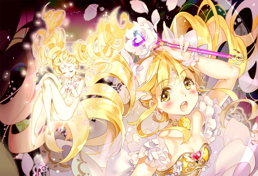 2girls arm_up bangs barefoot blonde_hair blush breasts brown_dress closed_eyes collarbone commentary_request crystal dress earrings eyebrows_visible_through_hair fingernails flower frills heart heart_earrings holding holding_wand hoshii_hisa jewelry long_hair looking_at_viewer magical_girl medium_breasts multiple_girls nail_polish nude open_mouth original parted_lips petals ringlets rose strapless strapless_dress twintails upper_teeth wand white_nails wrist_cuffs yellow_eyes yellow_flower yellow_rose