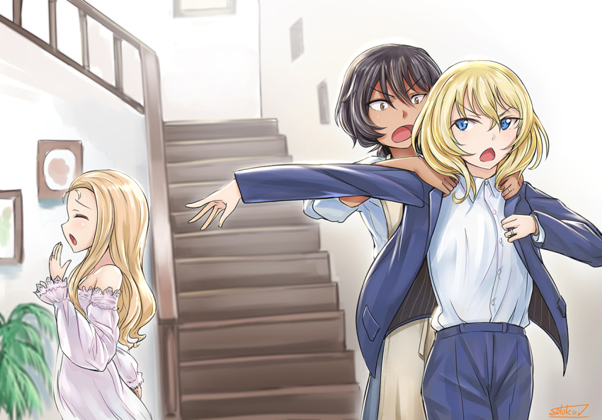 3girls andou_(girls_und_panzer) angry bangs black_hair blazer blonde_hair blue_eyes blue_jacket blue_pants blurry blurry_background brown_apron brown_eyes commentary dark_skin depth_of_field dress_shirt dressing dressing_another formal girls_und_panzer indoors jacket jewelry lingerie long_hair long_sleeves looking_at_another marie_(girls_und_panzer) married multiple_girls negligee open_mouth oshida_(girls_und_panzer) pant_suit pants ring shirt short_hair sleeves_rolled_up solokov_(okb-999) stairs standing suit underwear v-shaped_eyebrows wedding_band white_shirt wing_collar yawning yuri