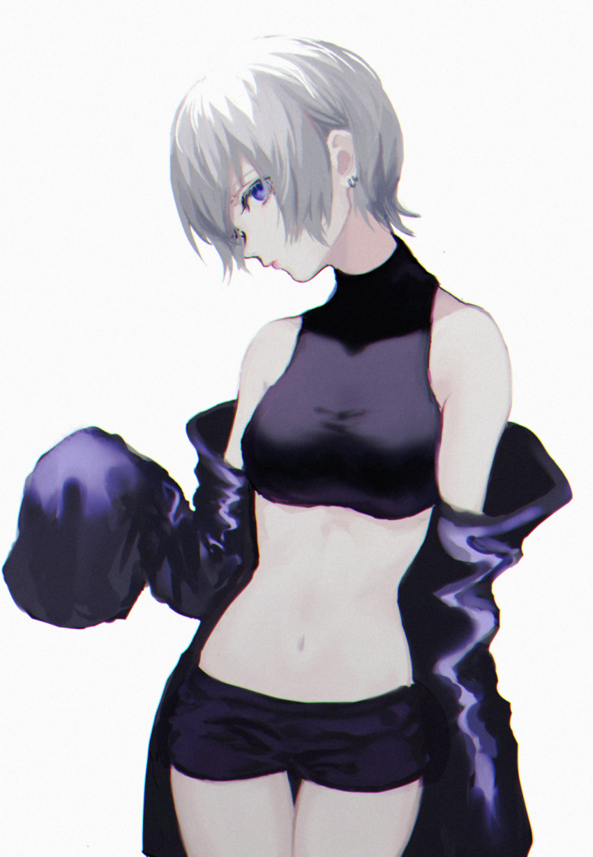 1girl bangs bare_shoulders closed_mouth commentary crop_top earrings grey_background head_tilt highres jewelry looking_at_viewer navel off_shoulder original p2_(uxjzz) pale_skin short_hair short_shorts shorts silver_hair simple_background solo standing violet_eyes