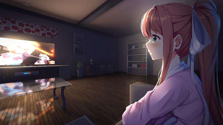 1girl bangs bookshelf bow brown_hair ceiling closed_mouth commentary dark doki_doki_literature_club green_eyes hair_bow indoors long_hair long_sleeves looking_to_the_side monika_(doki_doki_literature_club) night painting_(object) pajamas ponytail reflection sidelocks sitting smile solo table tagme television tsukimaru watching_television wooden_floor