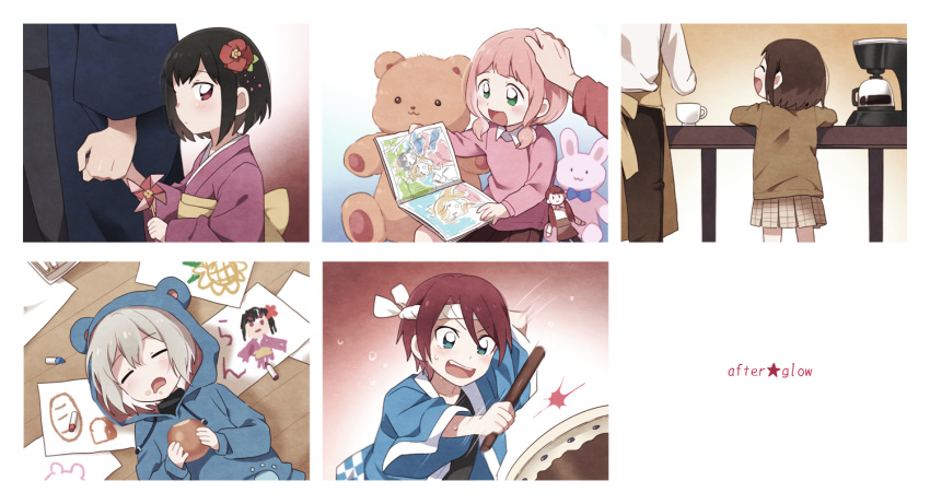 5girls aoba_moka bang_dream! black_hair blue_eyes bread brown_hair coffee drawing flower food green_eyes grey_hair hair_flower hair_ornament hand_holding hazawa_tsugumi headband instrument lying mitake_ran multiple_girls on_back pink_hair pinwheel re_ghotion redhead saliva skirt stuffed_animal stuffed_bunny stuffed_toy taiko_drum taiko_sticks teddy_bear udagawa_tomoe uehara_himari younger