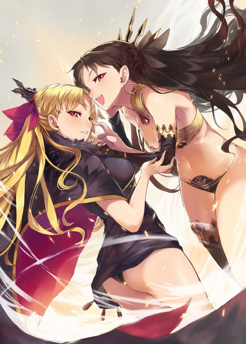 2girls ass asymmetrical_legwear asymmetrical_sleeves bangs bikini black_bikini black_cape black_dress black_hair black_legwear black_panties black_ribbon blonde_hair breasts cape ceda_(dace) commentary_request dress earrings ereshkigal_(fate/grand_order) eyebrows_visible_through_hair fate/grand_order fate_(series) from_side fur-trimmed_cape fur_trim hair_ribbon highres hoop_earrings ishtar_(fate/grand_order) jewelry long_hair looking_at_viewer medium_breasts multiple_girls open_mouth panties parted_bangs parted_lips purple_ribbon red_eyes ribbon short_dress single_thighhigh swimsuit teeth thigh-highs tiara tohsaka_rin two_side_up underwear wind