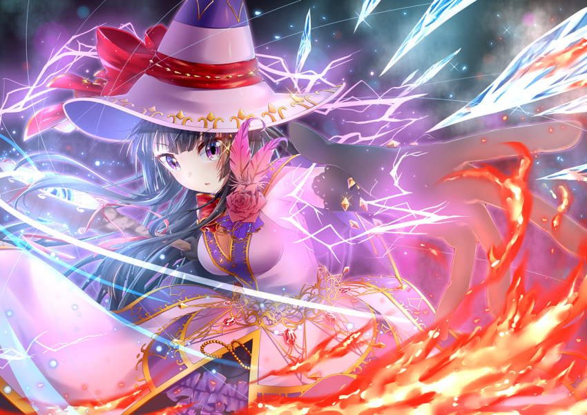 1girl alternate_costume bang_dream! black_gloves black_hair bow electricity feathers fire flame flower foreshortening gloves hat hat_bow ice_shard long_hair looking_at_viewer purple_hat red_bow shirokane_rinko shun_no_shun solo violet_eyes witch_hat