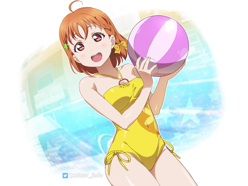 1girl ahoge ball beachball braid cowboy_shot dutch_angle hair_ornament hairclip looking_at_viewer love_live! love_live!_school_idol_project love_live!_sunshine!! one-piece_swimsuit open_mouth orange_hair red_eyes side_braid silver_meteor smile solo swimsuit takami_chika twitter_username yellow_swimsuit