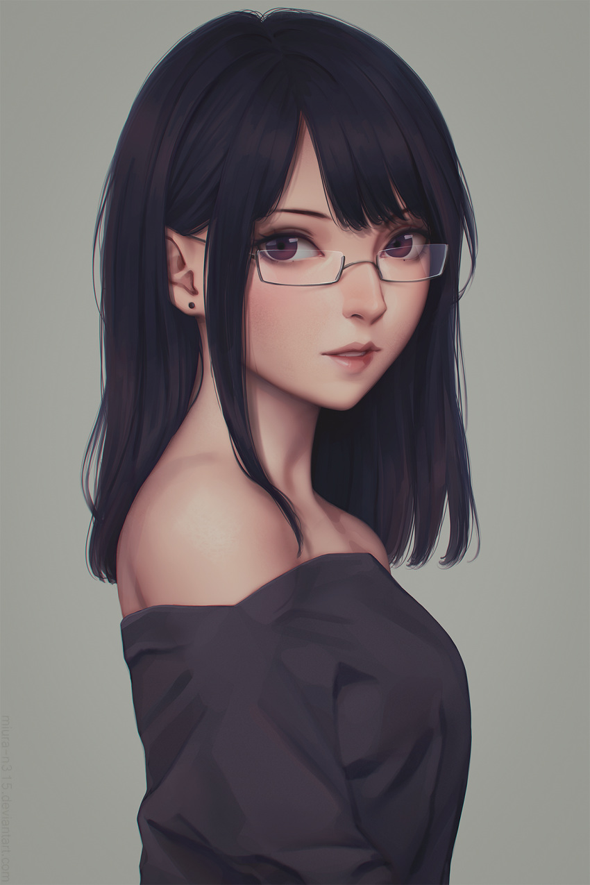 1girl bangs bare_shoulders black_hair black_shirt blush earrings glasses grey_background highres jewelry lips long_hair looking_at_viewer looking_to_the_side miura-n315 off-shoulder_shirt original parted_lips semi-rimless_eyewear shirt silver-framed_eyewear simple_background solo straight_hair stud_earrings under-rim_eyewear violet_eyes