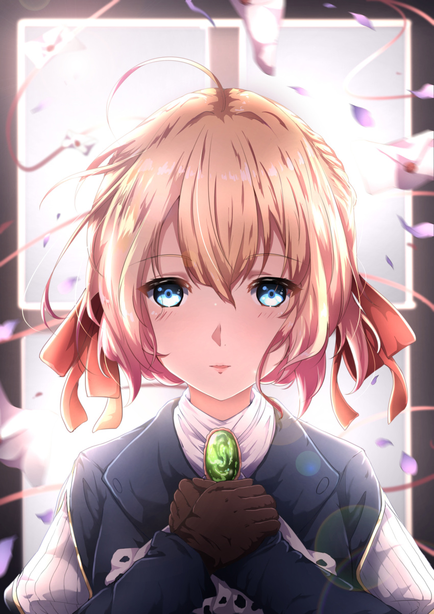 1girl bangs blonde_hair blue_eyes blue_jacket blurry blurry_background blush brooch brown_gloves chahei commentary_request depth_of_field envelope eyebrows_visible_through_hair gloves hair_between_eyes hair_ribbon highres jacket jewelry juliet_sleeves long_sleeves looking_at_viewer parted_lips petals puffy_sleeves red_ribbon ribbon short_hair smile solo violet_evergarden violet_evergarden_(character) window