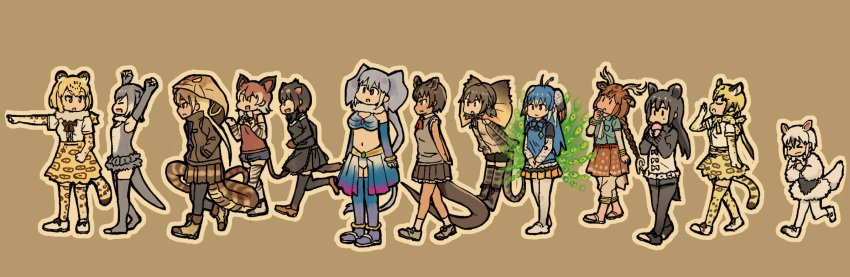 &gt;_&lt; 6+girls animal_ears anteater_ears anteater_tail antlers apron axis_deer_(kemono_friends) bare_shoulders belt black_clothes black_legwear black_skirt boots bow bowtie bracelet braid capri_pants cheetah_(kemono_friends) cheetah_ears cheetah_print cheetah_tail closed_eyes deer_ears deer_tail eating elephant_ears elephant_tail fingerless_gloves food fossa_(kemono_friends) fossa_ears fossa_tail frilled_lizard_(kemono_friends) fur_collar gloves hand_on_own_chin hand_up hands_in_pockets hands_on_own_chest hands_together highres hood hoodie indian_elephant_(kemono_friends) jaguar_(kemono_friends) jaguar_ears jaguar_tail japari_bun jewelry kemono_friends king_cobra_(kemono_friends) lineup lizard_tail long_sleeves malayan_tapir_(kemono_friends) midriff multicolored multicolored_clothes multicolored_hair multicolored_skirt multiple_girls necktie okapi_(kemono_friends) okapi_ears okapi_tail one-piece_swimsuit open_mouth otter_ears otter_tail ouka_(yama) pants peacock_feathers peafowl_(kemono_friends) pointing running sandals shorts simple_background skirt small-clawed_otter_(kemono_friends) snake_tail socks southern_tamandua_(kemono_friends) swimsuit tail tapir_ears tapir_tail tasmanian_devil_(kemono_friends) tasmanian_devil_ears tasmanian_devil_tail thigh-highs toeless_legwear tusks vest vest_over_shirt walking yawning