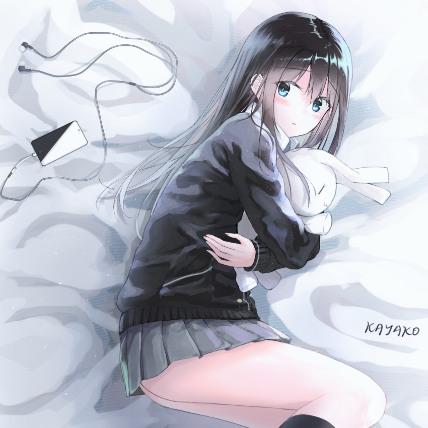 1girl :3 :o absurdres artist_name ass bed_sheet black_legwear black_sweater bright_pupils cable cellphone earphones feet_out_of_frame from_above from_side grey_skirt highres idolmaster idolmaster_cinderella_girls kayakooooo kneehighs long_hair long_sleeves looking_at_viewer looking_to_the_side lying miniskirt object_hug on_side parted_lips phone pleated_skirt shibuya_rin shiny shiny_hair skirt smartphone straight_hair stuffed_animal stuffed_bunny stuffed_toy sweater thighs