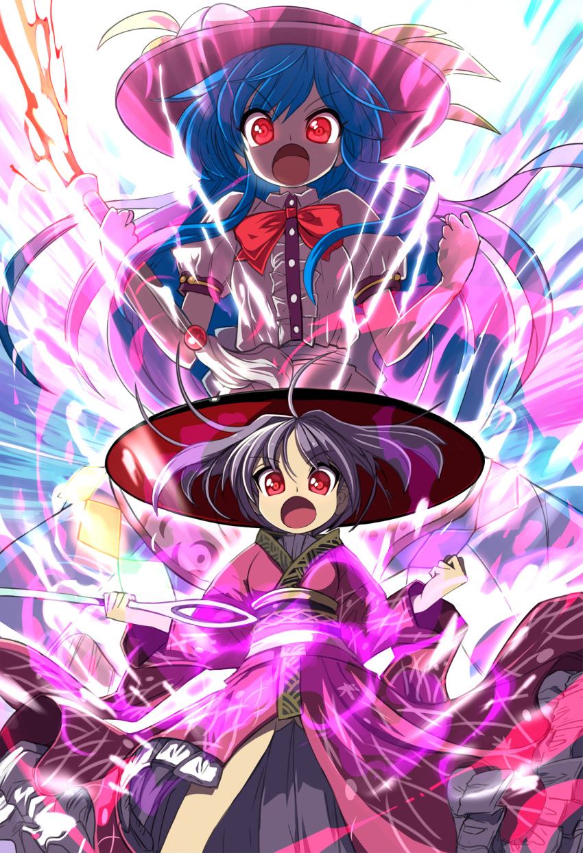 2girls bangs blue_hair bow bowl bowl_hat bowtie buttons center_frills commentary_request energy eyebrows_visible_through_hair food fruit hands_up hat highres hinanawi_tenshi holding holding_sword holding_weapon japanese_clothes kimono long_hair long_sleeves looking_at_viewer minigirl multiple_girls needle obi open_mouth peach puffy_short_sleeves puffy_sleeves purple_hair red_eyes red_kimono red_neckwear sash shirt shope short_sleeves sukuna_shinmyoumaru sword sword_of_hisou touhou weapon white_shirt wide_sleeves