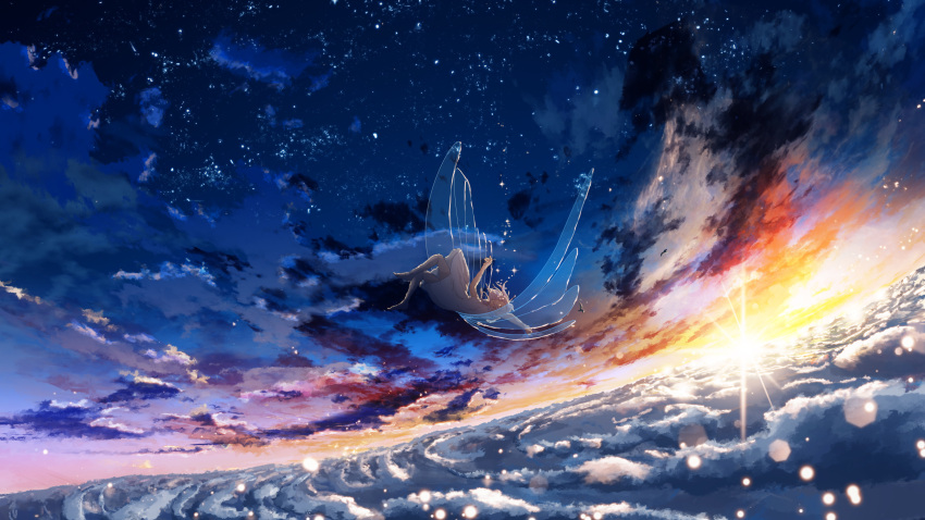 1girl above_clouds blonde_hair blue_sky clouds cloudy_sky commentary_request dress falling highres lens_flare light_particles original scenery sky solo star_(sky) starry_sky sunlight white_dress wings y_y_(ysk_ygc)