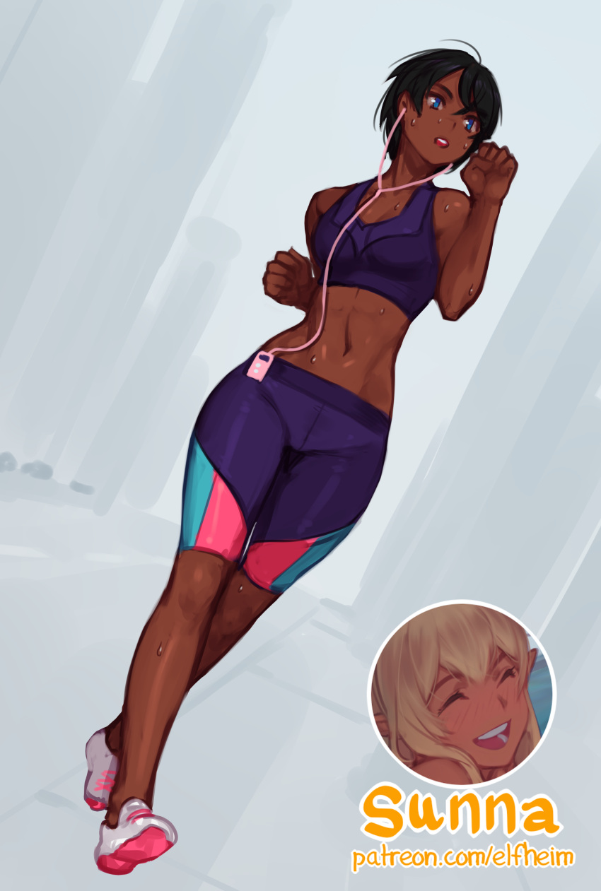 1girl absurdres bike_shorts black_hair blue_eyes borrowed_character breasts dark_skin digital_media_player earphones earphones exercise full_body highres k'lyn medium_breasts midriff navel original running shoes short_hair sneakers solo sports_bra sunna_(nilsunna) sweat toned very_dark_skin