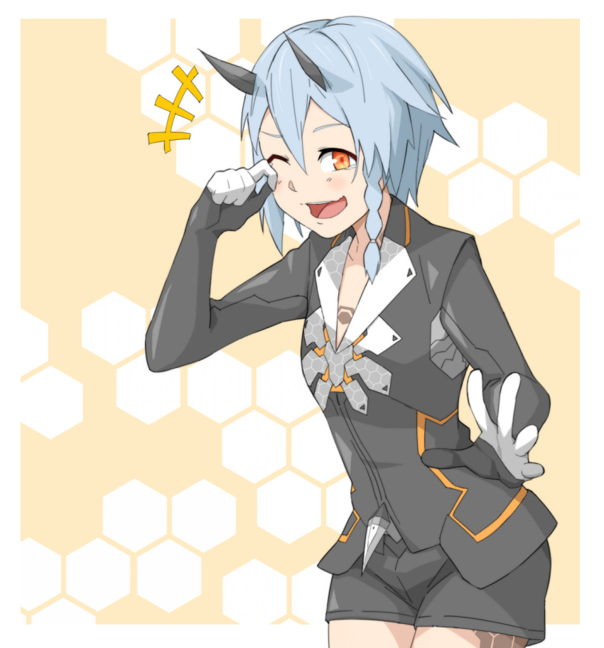 1girl :d bangs black_shorts blue_hair breasts commentary_request gloves highres horns io_(pso2) jacket looking_at_viewer open_mouth orange_eyes phantasy_star phantasy_star_online phantasy_star_online_2 shiver_(siva-hl) short_hair shorts smile solo