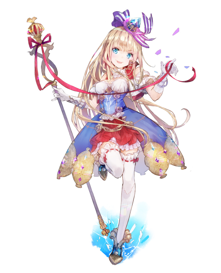 1girl :p absurdres atelier_lydie_&amp;_suelle blonde_hair blue_eyes detached_sleeves dress full_body gloves highres holding holding_staff huge_filesize leg_up long_hair looking_at_viewer official_art puffy_sleeves ribbon ribbon-trimmed_legwear ribbon_trim simple_background solo staff thigh-highs tongue tongue_out white_background white_gloves white_legwear yuugen