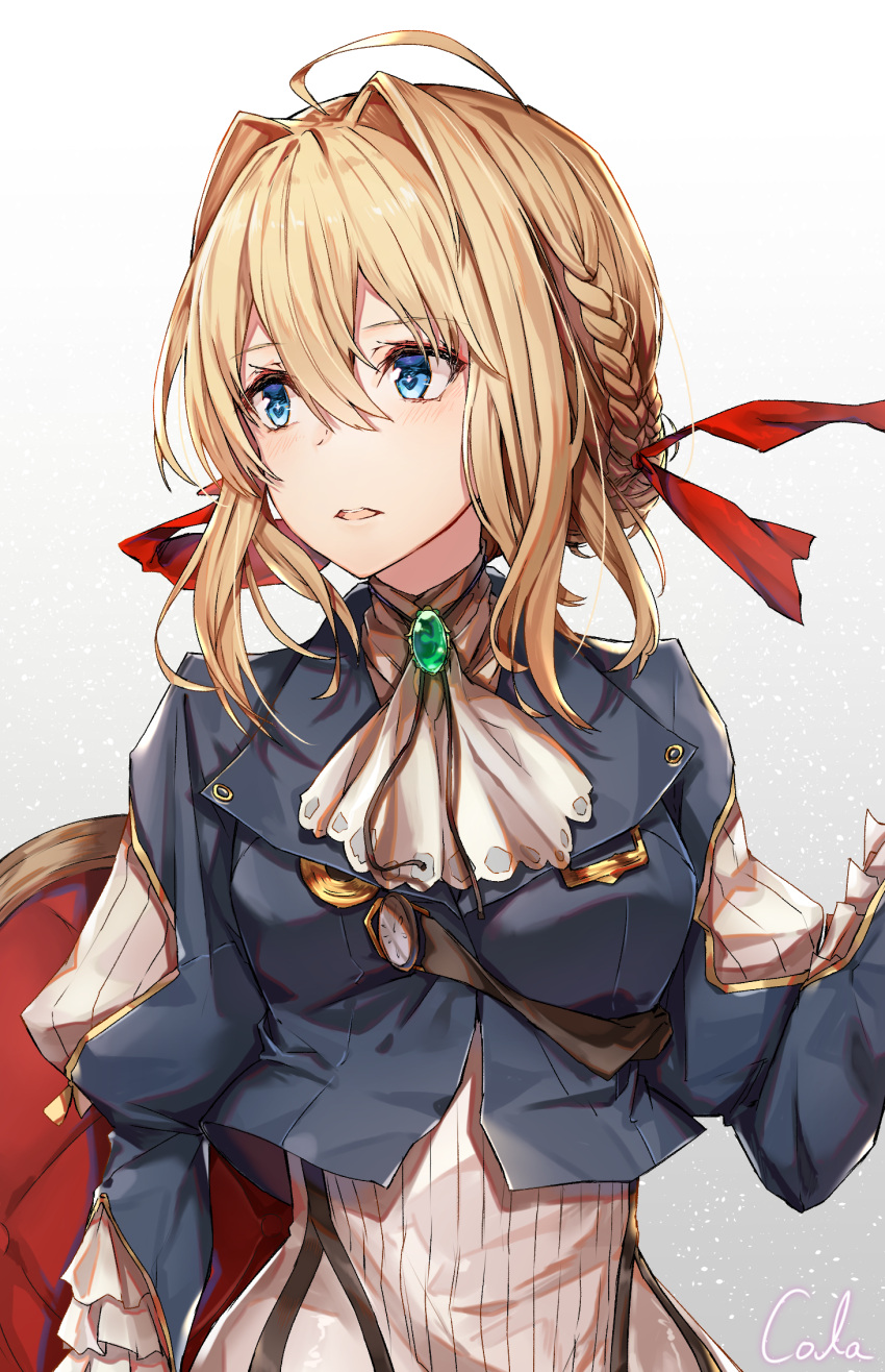 1girl ahoge artist_name ascot bangs black_cola blonde_hair blue_eyes blue_jacket blush braid brooch commentary dress eyebrows_visible_through_hair grey_background hair_between_eyes hair_intakes hair_ribbon highres jacket jewelry juliet_sleeves long_sleeves looking_away looking_to_the_side parted_lips puffy_sleeves red_ribbon ribbon short_hair_with_long_locks signature solo two-tone_background upper_teeth violet_evergarden violet_evergarden_(character) white_background white_dress white_neckwear
