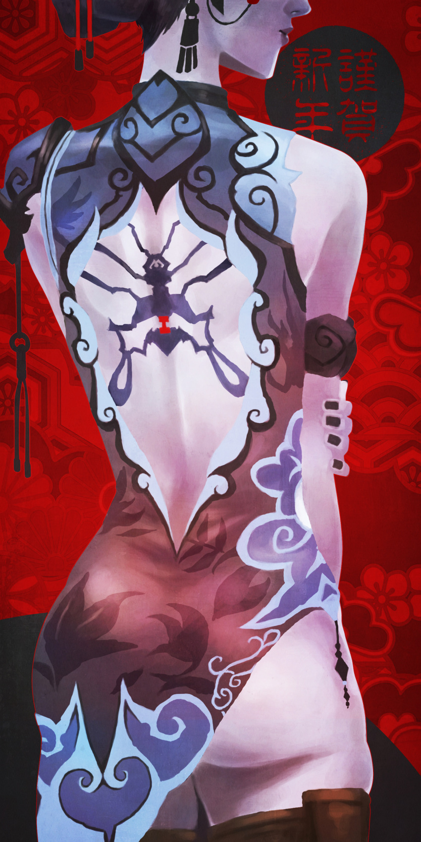 1girl absurdres alternate_costume ass back back_cutout back_tattoo black_lily_widowmaker china_dress chinese_clothes dress from_behind head_out_of_frame highres monori_rogue nail_polish overwatch purple_skin solo tattoo thigh-highs widowmaker_(overwatch)