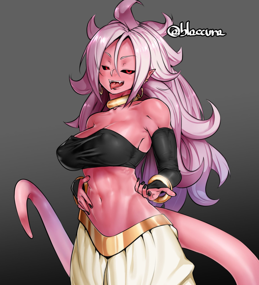 android_21 bare_shoulders black_nails black_sclera bracelet breasts burakku-ra cleavage detached_sleeves dragon_ball dragon_ball_fighterz fangs highres jewelry looking_at_viewer majin_android_21 messy_hair monster_girl nail_polish navel open_mouth pink_hair pink_skin pointy_ears red_eyes smile stomach strapless tail toned tongue tongue_out tubetop upper_body