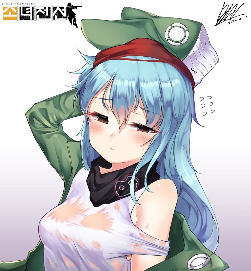 1girl 2018 arm_up bare_shoulders bil-ajeossi blue_hair blush breasts brown_eyes closed_mouth copyright_name dated english eyebrows_visible_through_hair flying_sweatdrops g11_(girls_frontline) girls_frontline gradient gradient_background green_hat green_jacket hair_between_eyes hand_behind_head hat highres jacket long_hair looking_at_viewer medium_breasts number shirt signature solo sweat upper_body white_shirt