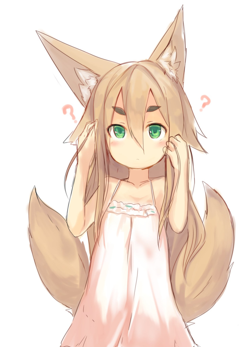 1girl ? animal_ears bare_arms bare_shoulders blonde_hair blue_eyes blush closed_mouth commentary_request dress fox_ears fox_tail haik hair_between_eyes hands_up highres looking_at_viewer multiple_tails original pink_dress simple_background sketch solo standing tail upper_body white_background