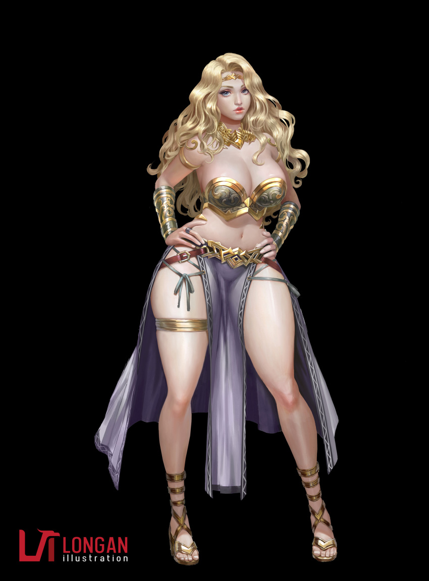 1girl absurdres blonde_hair bracer breasts cleavage curly_hair eyelashes full hands_on_hips highres jewelry large_breasts legs lips long_hair longan_huynh looking_at_viewer navel necklace original ring skindentation solo standing stomach thick_thighs thighs toes wavy_hair wide_hips