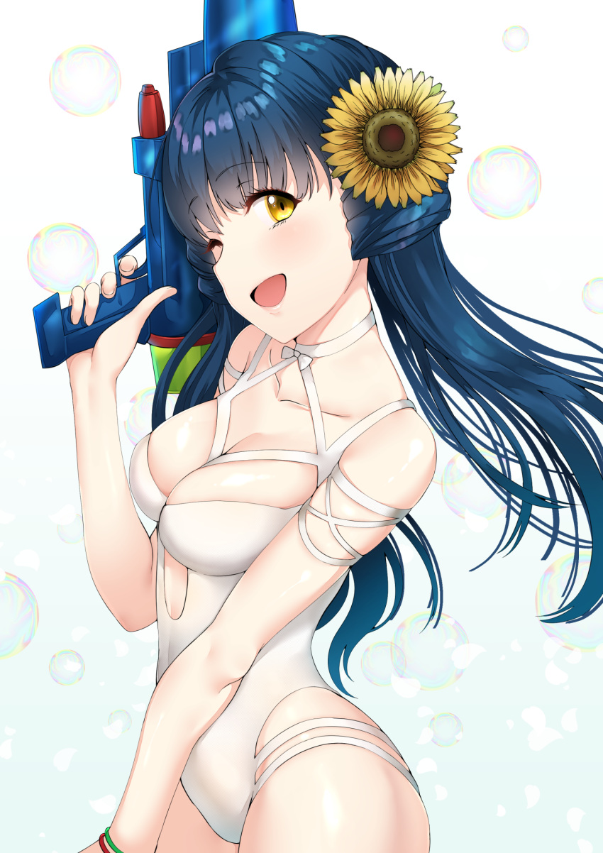 1girl ;d arm_strap bangs bare_arms bare_shoulders blue_hair blush breasts bubble casual_one-piece_swimsuit cleavage collarbone cowboy_shot eyebrows_visible_through_hair flower from_side gradient gradient_background hair_flower hair_ornament head_tilt highres holding idolmaster idolmaster_million_live! kitakami_reika long_hair looking_at_viewer looking_to_the_side maou(demonlord) medium_breasts one-piece_swimsuit one_eye_closed open_mouth shiny shiny_hair shiny_skin smile solo standing straight_hair sunflower_hair_ornament swimsuit tareme water_gun white_background white_swimsuit wristband yellow_eyes