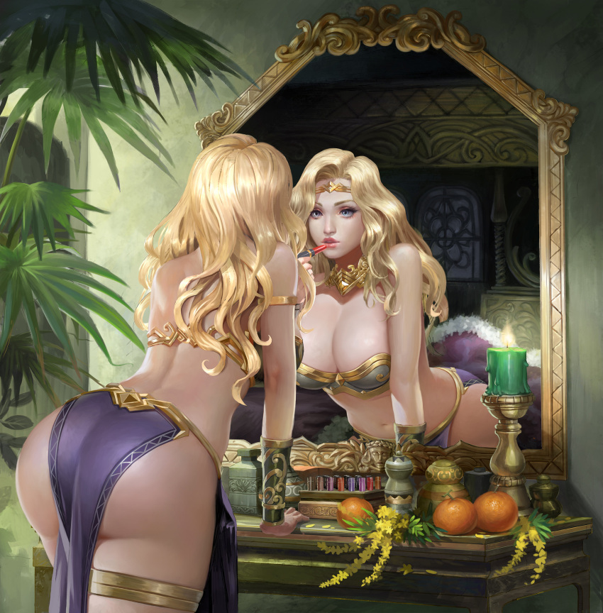 1girl applying_makeup ass blonde_hair breasts circlet cleavage food fruit highres large_breasts leaning_forward lipstick longan_huynh makeup mirror orange original parted_lips pelvic_curtain reflection room solo thigh_strap