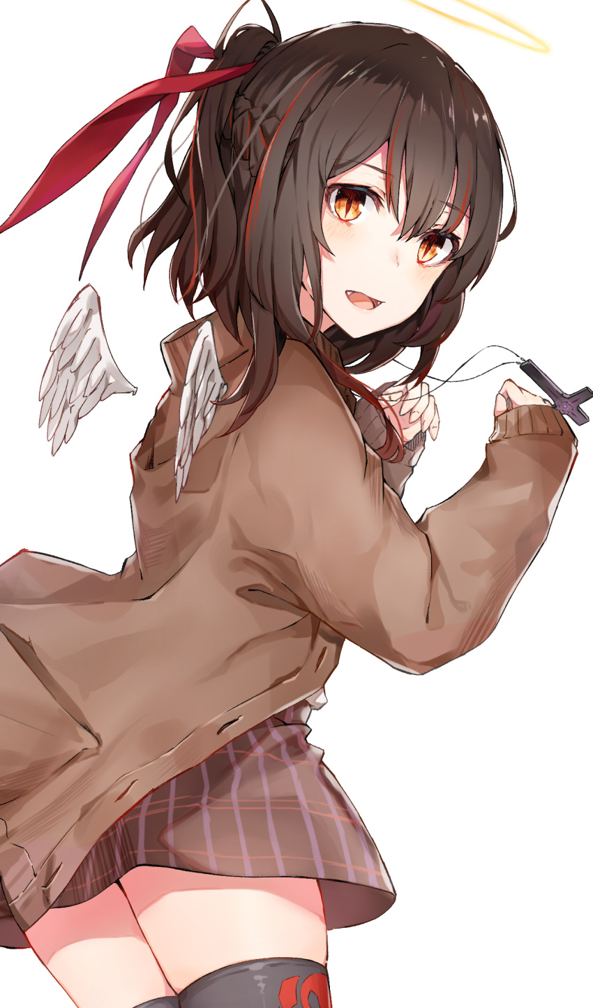 1girl :d bangs black_cola black_legwear blush brown_eyes brown_hair brown_skirt cardigan commentary_request cross cross_necklace detached_wings eyebrows_visible_through_hair fangs feathered_wings fingernails hair_between_eyes hair_ribbon halo hands_up highres jewelry latin_cross long_sleeves looking_at_viewer looking_to_the_side mini_wings multicolored_hair necklace open_cardigan open_clothes open_mouth original plaid plaid_skirt ponytail red_ribbon redhead ribbon simple_background skirt sleeves_past_wrists smile solo streaked_hair thigh-highs white_background white_wings wings