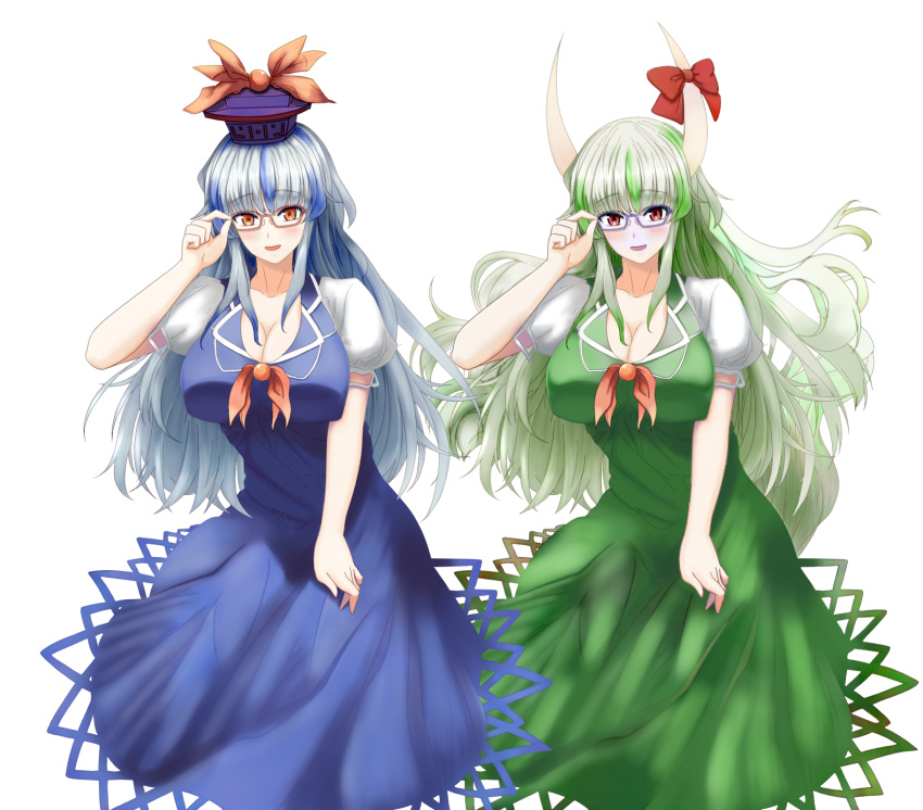 adjusting_eyewear bangs bespectacled blue-framed_eyewear blue_dress blue_hair bow breasts cleavage collared_dress dress ex-keine glasses green_dress green_hair hat highres horn_ribbon horns kamishirasawa_keine long_hair multicolored_hair multiple_persona neckerchief puffy_short_sleeves puffy_sleeves red-framed_eyewear red_bow red_eyes red_neckwear ribbon short_sleeves sidelocks silver_hair simple_background tail tk31 touhou two-tone_hair white_background