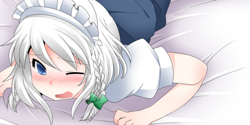 1girl blue_eyes blush braid commentary_request hair_ribbon hammer_(sunset_beach) izayoi_sakuya lying maid maid_headdress on_stomach one_eye_closed open_mouth ribbon short_hair silver_hair solo touhou twin_braids upper_body