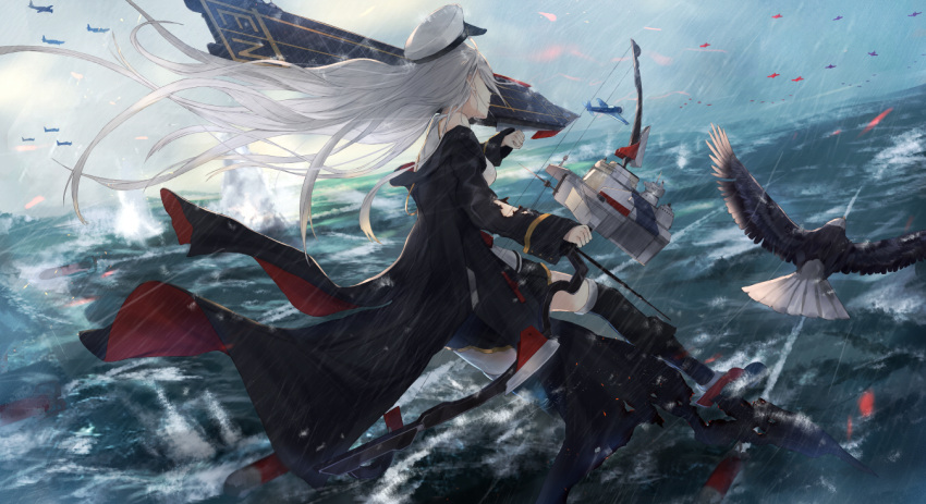 1girl action aircraft airplane arm_up azur_lane bangs bare_shoulders bird black_coat black_legwear bow_(weapon) breasts closed_mouth coat cuff_links eagle enterprise_(azur_lane) explosion floating_hair from_behind from_side hat holding holding_bow_(weapon) holding_weapon kachi large_breasts long_hair machinery miniskirt ocean off_shoulder peaked_cap pleated_skirt rain rigging rudder_shoes shirt silver_hair skirt sleeve_cuffs sleeveless solo standing standing_on_liquid thigh-highs thighs torn_coat torpedos very_long_hair water waves weapon wet wind wind_lift