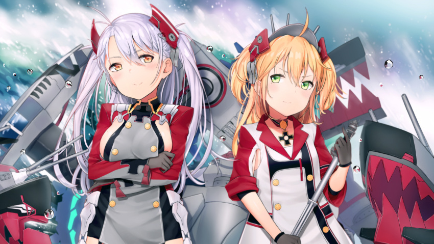 1girl 2girls admiral_hipper_(azur_lane) agnam_ore ahoge antenna_hair arm_across_waist armpit_cutout azur_lane bangs blonde_hair blush breasts cannons choker collarbone double-breasted eyebrows_visible_through_hair framed_breasts gloves green_eyes grey_gloves hair_between_eyes hair_ornament hat headgear highres holding holding_weapon iron_cross large_breasts long_hair looking_at_viewer machinery military military_uniform mole mole_on_breast mole_under_eye multicolored_hair multiple_girls ocean open_mouth prinz_eugen_(azur_lane) redhead rigging scepter sidelocks silver_hair sleeves_folded_up smile streaked_hair turrets two_side_up uniform very_long_hair water water_drop waves weapon