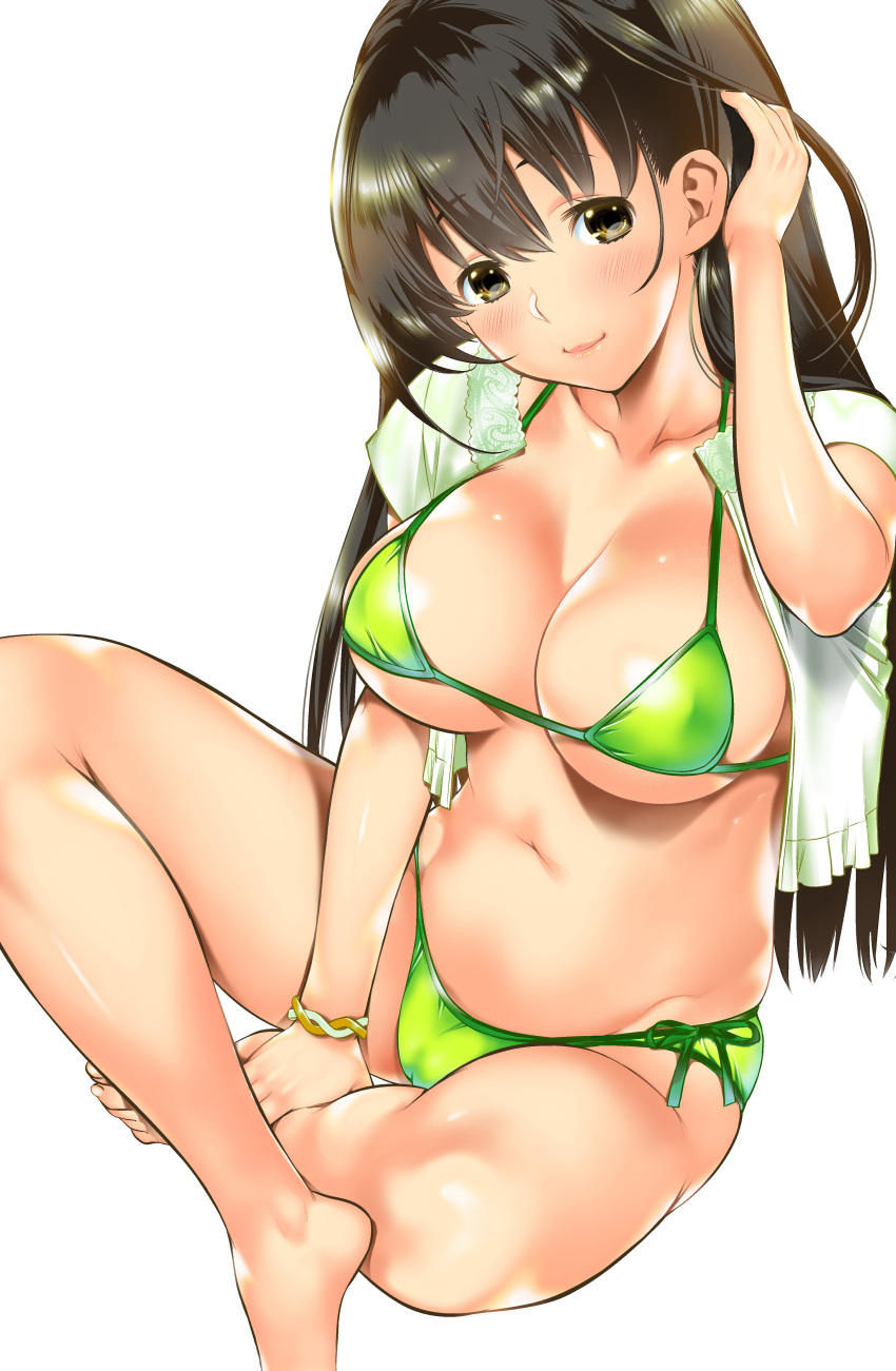 1girl absurdres adjusting_hair bangs barefoot bikini black_hair blush bracelet breasts brown_eyes cleavage closed_mouth collarbone commentary_request eyebrows_visible_through_hair green_bikini hand_on_own_leg head_tilt highres jewelry large_breasts legs_crossed long_hair looking_at_viewer navel original shigaoka shiny shiny_skin side-tie_bikini simple_background smile solo swimsuit white_background