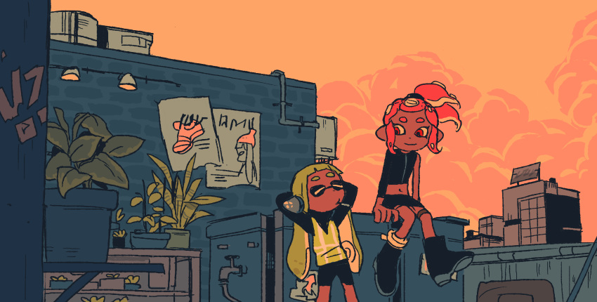 2girls agent_8 arms_behind_head asymmetrical_clothes beanie clouds cloudy_sky dark_skin domino_mask eyelashes green_hair hat headphones highres inkling looking_at_another mask midriff multiple_girls navel octarian octoling pink_hair plant poster red_eyes sitting sky splatoon splatoon_2 splatoon_2:_octo_expansion squidbeak_splatoon sunset tentacle_hair
