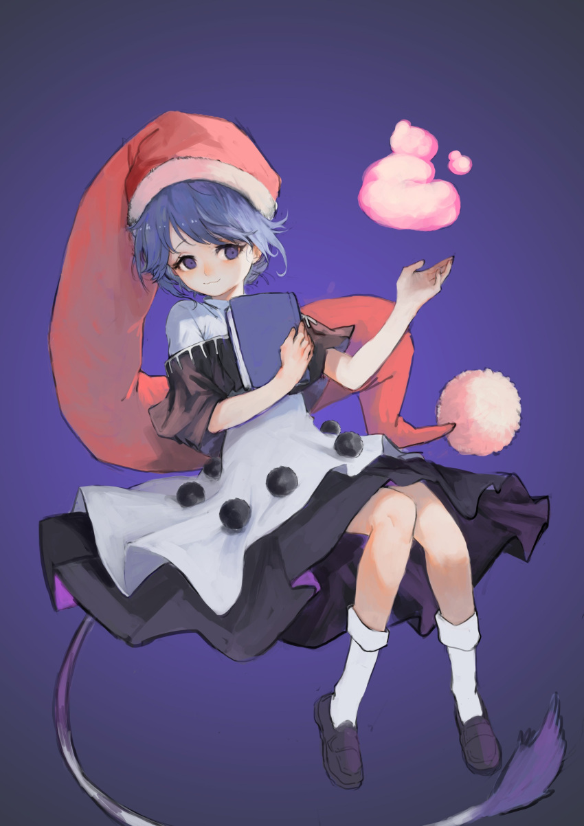 1girl absurdres blob blue_eyes blue_hair book doremy_sweet dress full_body hat heoningu highres looking_at_viewer multicolored multicolored_clothes multicolored_dress nightcap nightgown pom_pom_(clothes) red_hat short_hair sitting solo tail touhou