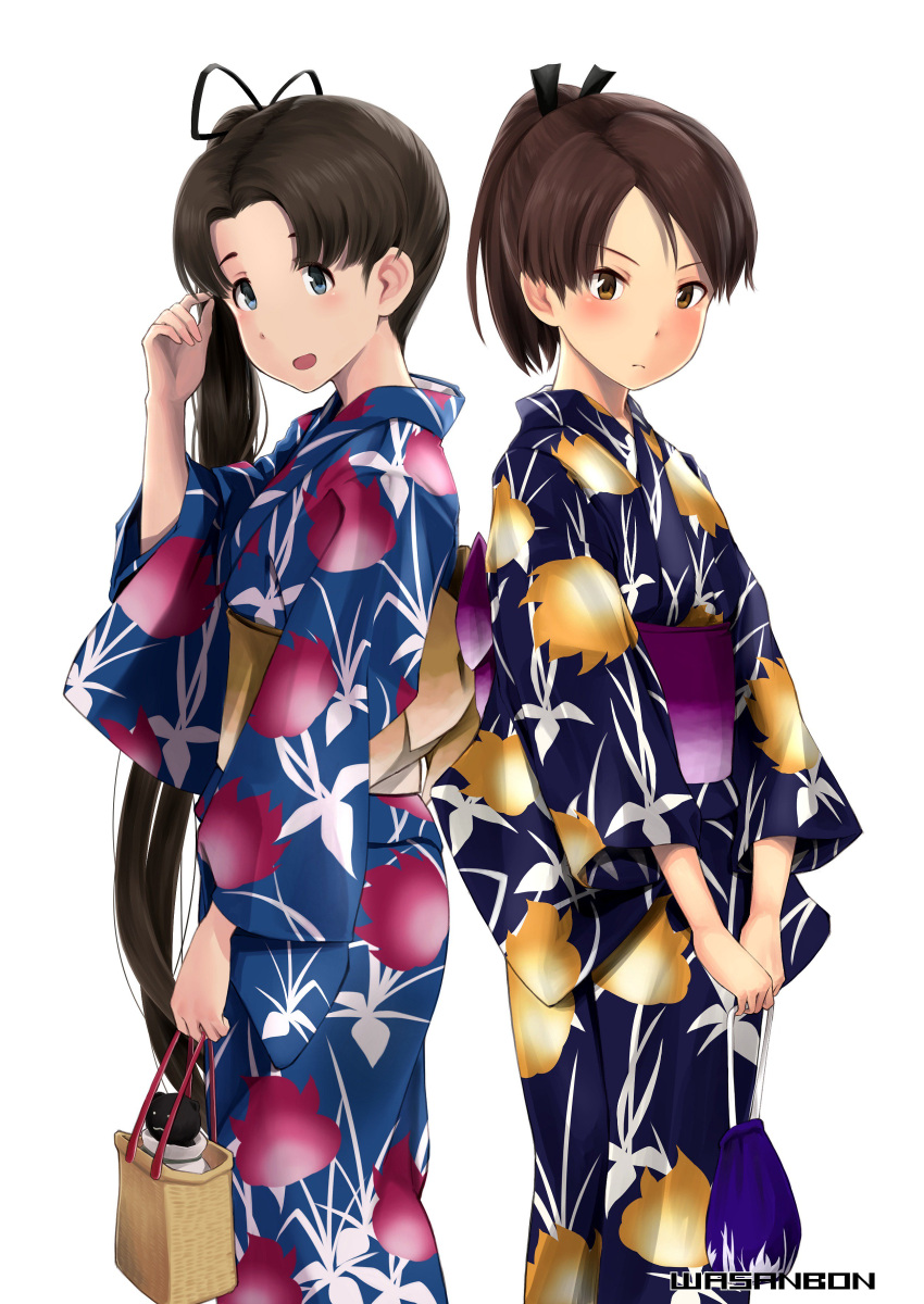 2girls :d absurdres artist_name blue_eyes blue_kimono blush brown_hair character_request closed_mouth floral_print hand_up highres holding japanese_clothes kantai_collection kimono long_hair looking_at_viewer multiple_girls obi open_mouth orange_eyes ponytail sash short_hair simple_background smile standing very_long_hair wa_(genryusui) white_background