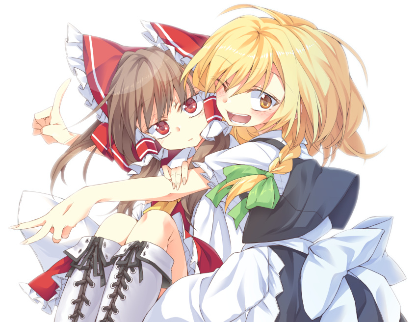 2girls ;d apron black_vest blonde_hair blush boots bow braid brown_hair commentary_request expressionless eyebrows_visible_through_hair frilled_apron frills green_bow hair_bow hair_tubes hakurei_reimu head_tilt hug ina_(inadahime) index_finger_raised kirisame_marisa knee_boots knees_up large_bow looking_at_viewer multiple_girls no_hat no_headwear one_eye_closed open_mouth red_bow red_eyes short_sleeves simple_background single_braid sitting smile touhou v vest white_background white_footwear yellow_eyes