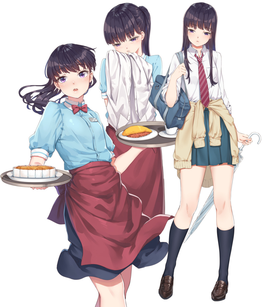 1girl apron bag black_hair blouse blue_blouse bow bowtie cafe_maid closed_mouth clothes_around_waist commentary_request cowboy_shot fangxiang_cuoluan food full_body highres holding kneehighs koi_wa_ameagari_no_you_ni loafers long_hair looking_at_viewer name_tag necktie omurice open_mouth pie ponytail school_bag school_uniform shiny shiny_hair shoes standing sweater sweater_around_waist tachibana_akira thighs umbrella uniform violet_eyes white_blouse