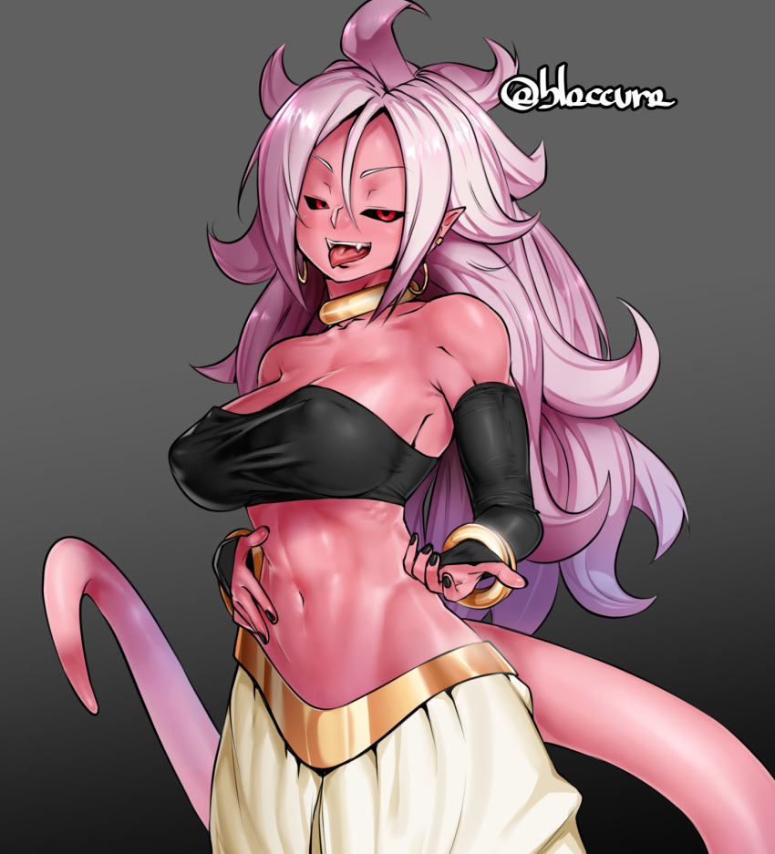 1girl android_21 bare_shoulders black_nails black_sclera bracelet breasts burakku-ra cleavage commentary detached_sleeves dragon_ball dragon_ball_fighterz fangs highres jewelry large_breasts looking_at_viewer majin_android_21 messy_hair monster_girl nail_polish navel open_mouth pink_hair pink_skin pointy_ears red_eyes smile solo stomach strapless tail toned tongue tongue_out tubetop upper_body