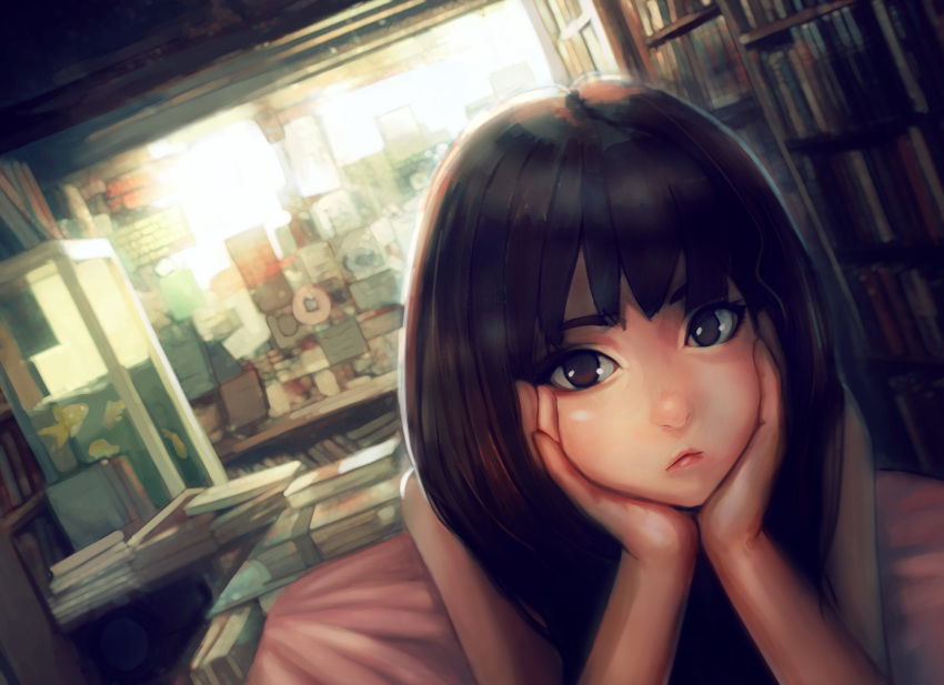 1girl bangs bent_elbow binder black_hair blinds blush book bookshelf brown_eyes closed_mouth commentary fish fish_tank hair_between_eyes hands_on_own_face highres jungon_kim long_hair looking_at_viewer original solo sunlight tablet water window