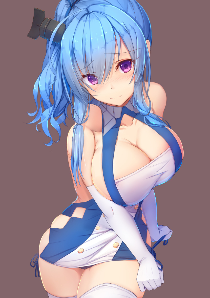 1girl azur_lane bangs bare_shoulders blue_dress blue_hair blush breasts cleavage closed_mouth collarbone commentary_request dress elbow_gloves eyebrows_visible_through_hair gloves hair_between_eyes hair_ornament highres large_breasts low_twintails nose_blush panties purple_panties smile solo st._louis_(azur_lane) tatapopo thigh-highs twintails underwear violet_eyes white_gloves white_legwear