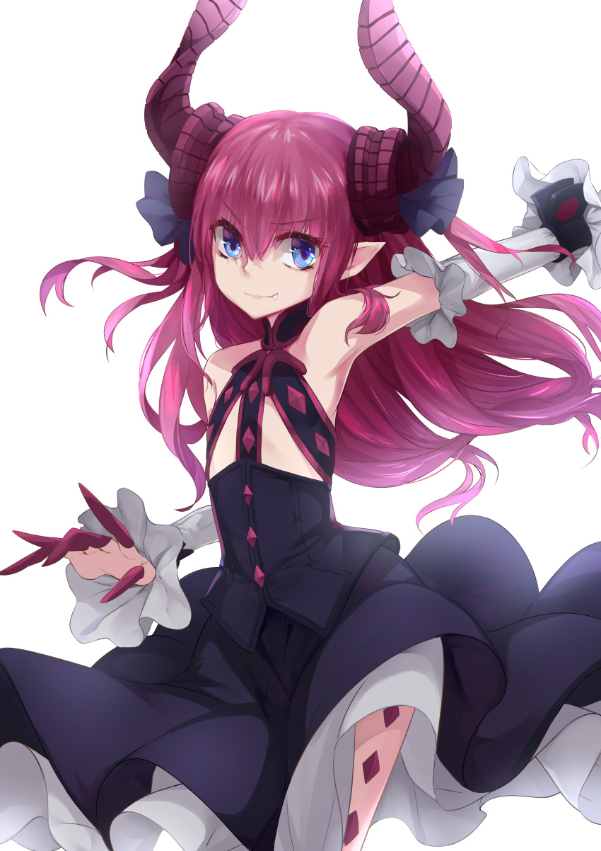 &gt;:) 1girl absurdres armpits bangs bare_shoulders black_dress blue_eyes blue_ribbon closed_mouth commentary_request curled_horns detached_sleeves dragon_horns dress elizabeth_bathory_(fate) elizabeth_bathory_(fate)_(all) eyebrows_visible_through_hair fang fang_out fate/grand_order fate_(series) hair_between_eyes hair_ribbon highres horns long_hair long_sleeves misaka76 pink_hair pointy_ears ribbon sidelocks simple_background sleeveless sleeveless_dress smile solo two_side_up v-shaped_eyebrows very_long_hair white_background