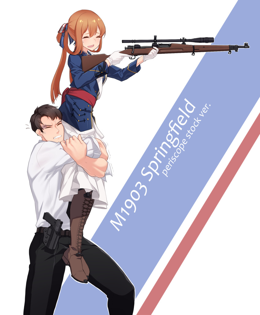 1boy 1girl :d ^_^ belt black_pants blush bolt_action boots brown_footwear brown_hair character_name character_request clenched_teeth closed_eyes cross-laced_footwear english flying_sweatdrops from_side girls_frontline gloom_(expression) gloves gun handgun highres holding holding_gun holding_up holding_weapon holster hug hug_from_behind knee_boots long_hair long_skirt m1903_springfield m1903_springfield_(girls_frontline) narynn number open_mouth pants pistol pleated_skirt ponytail rifle shirt short_hair skirt smile standing sweat sweatdrop teeth trembling weapon white_background white_gloves white_shirt white_skirt