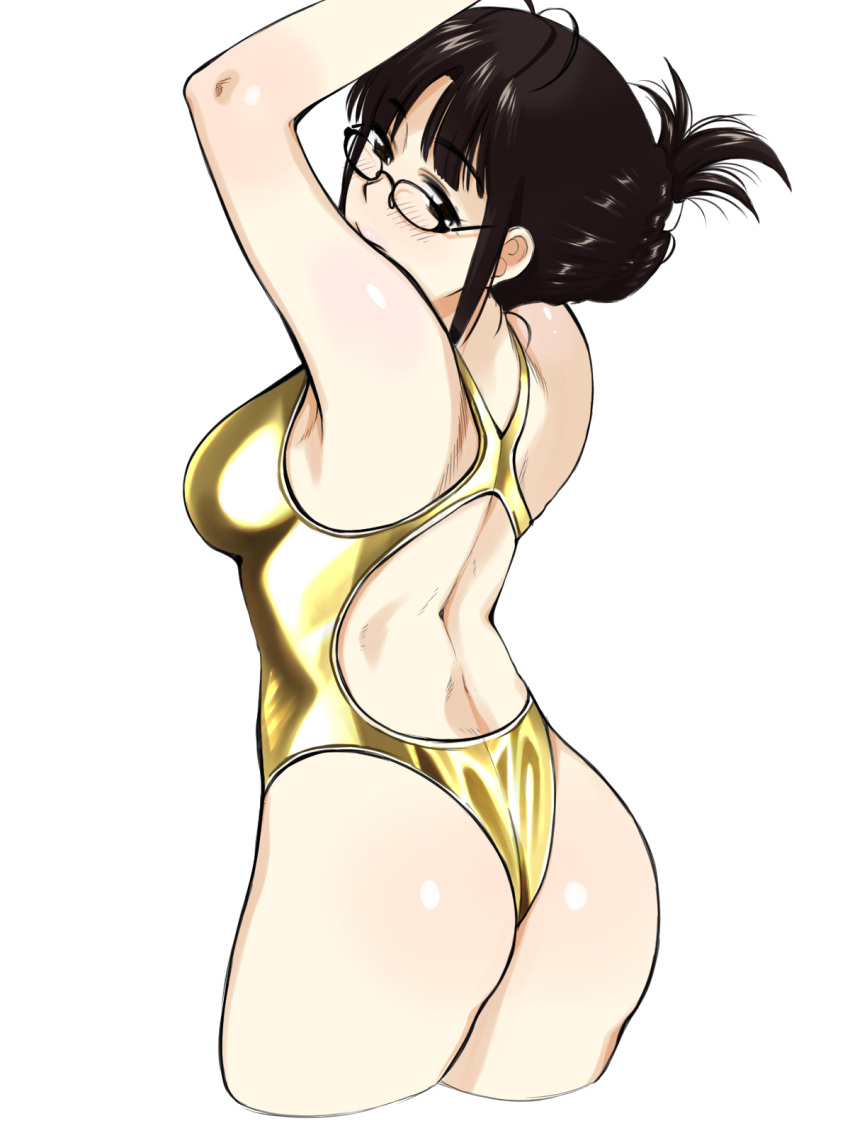 1girl akizuki_ritsuko antenna_hair armpits arms_up ass back back_cutout bangs bare_arms bare_shoulders black-framed_eyewear blunt_bangs blush breasts brown_eyes brown_hair closed_mouth competition_swimsuit cowboy_shot cropped_legs eyebrows_visible_through_hair folded_ponytail glasses highres humiyou idolmaster medium_breasts one-piece_swimsuit shiny shiny_clothes shiny_hair short_hair sidelocks simple_background smile solo standing swimsuit white_background yellow_swimsuit