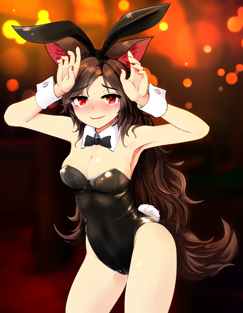 1girl absurdres alternate_costume animal_ears armpits bare_arms black_hairband blush breasts brown_hair bunny_tail bunnysuit cleavage contrapposto cowboy_shot fake_animal_ears hairband hands_up highres imaizumi_kagerou long_hair looking_at_viewer medium_breasts nail_polish nama_shirasu rabbit_ears red_eyes red_nails solo tail touhou wolf_ears wolf_tail wrist_cuffs