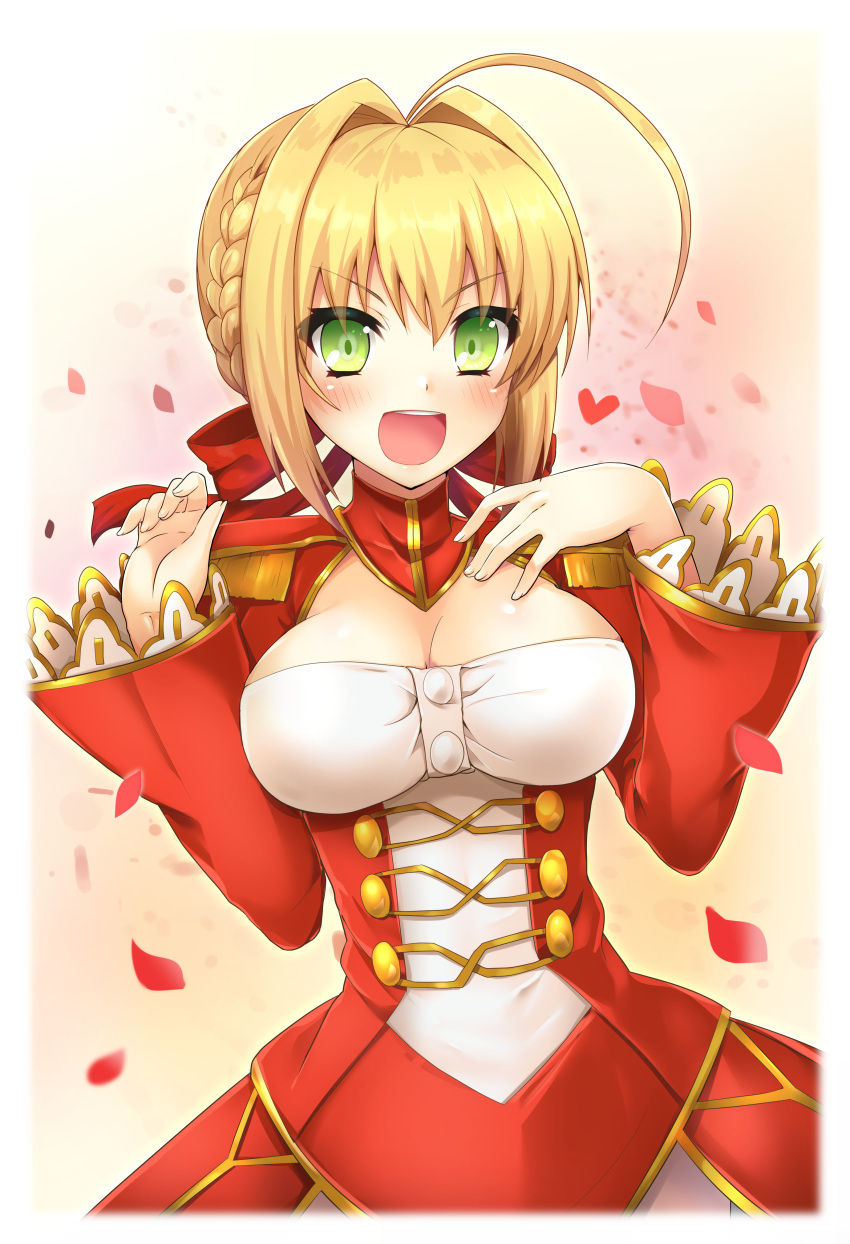 1girl :d absurdres ahoge blonde_hair blush breasts cleavage corset epaulettes fate/extra fate_(series) green_eyes hair_ribbon highres long_sleeves looking_at_viewer medium_breasts nero_claudius_(fate) nero_claudius_(fate)_(all) open_mouth petals red_ribbon ribbon samoore short_hair smile solo