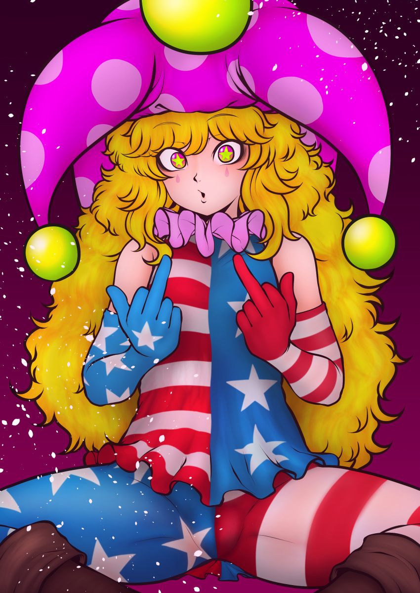 1girl absurdres american_flag_dress american_flag_gloves american_flag_legwear bangs black_background blonde_hair boots brown_footwear clownpiece dress elbow_gloves gloves gradient gradient_background hat highres jester_cap long_hair looking_at_viewer miazuma_sarin microdress middle_finger neck_ruff pantyhose pink_eyes pink_hat polka_dot purple_background sitting sleeveless sleeveless_dress solo spread_legs star star-shaped_pupils star_print striped symbol-shaped_pupils touhou