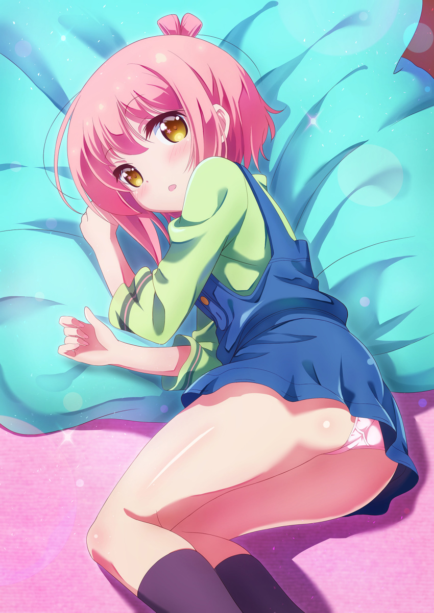 1girl ass bangs black_legwear blush brown_eyes commentary_request dbmaster eyebrows_visible_through_hair green_shirt hair_between_eyes highres ichinose_hana kneehighs long_sleeves looking_at_viewer looking_to_the_side looking_up lying on_side one_side_up overalls panties parted_lips pink_hair pink_panties shirt short_hair_with_long_locks sidelocks slow_start solo star_in_eye underwear