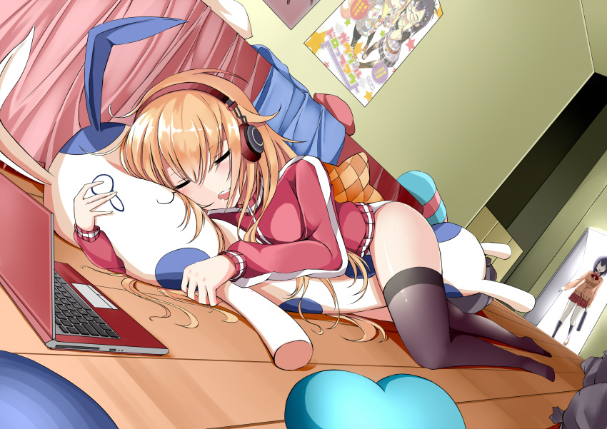 absurdres animal_pillow anotoki_ashi bed black_legwear blanket blonde_hair commentary_request computer drooling dutch_angle gabriel_dropout headphones heart heart_pillow highres indoors jacket laptop long_hair messy_hair no_pants on_floor perspective pillow poster purple_hair room school_uniform sleeping tenma_gabriel_white thigh-highs track_jacket tsukinose_vignette_april ukami walk-in wooden_floor