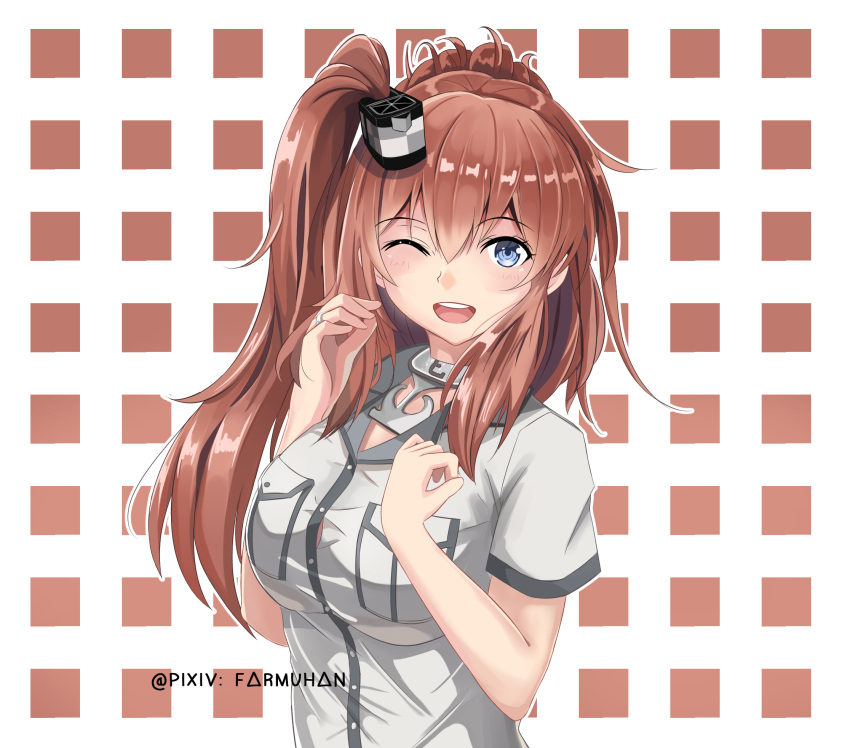 1girl anchor artist_name bangs blue_eyes blush breast_pocket breasts brown_hair eyebrows_visible_through_hair farmuhan hair_between_eyes hair_ornament hands_up highres jewelry kantai_collection large_breasts long_hair looking_at_viewer one_eye_closed open_mouth pocket ponytail red_neckwear remodel_(kantai_collection) ring saratoga_(kantai_collection) shirt side_ponytail sidelocks smile smokestack solo wedding_band