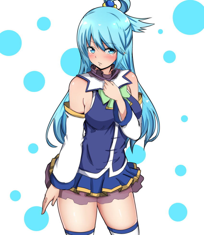 1girl aqua_(konosuba) baretto_(karasi07) blue_dress blue_eyes blue_hair blush breasts cowboy_shot detached_sleeves dress hair_rings highres kono_subarashii_sekai_ni_shukufuku_wo! long_hair looking_at_viewer medium_breasts pout short_dress sideboob solo thigh-highs white_legwear zettai_ryouiki